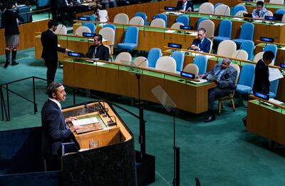 Foreign Minister of the United Arab Emirates Sheikh Abdullah bin Zayed Al Nahyan addresses the United Nations General Assembly, Friday, Sept. 22, 2017, at U.N. headquarters. (AP Photo/Craig Ruttle)