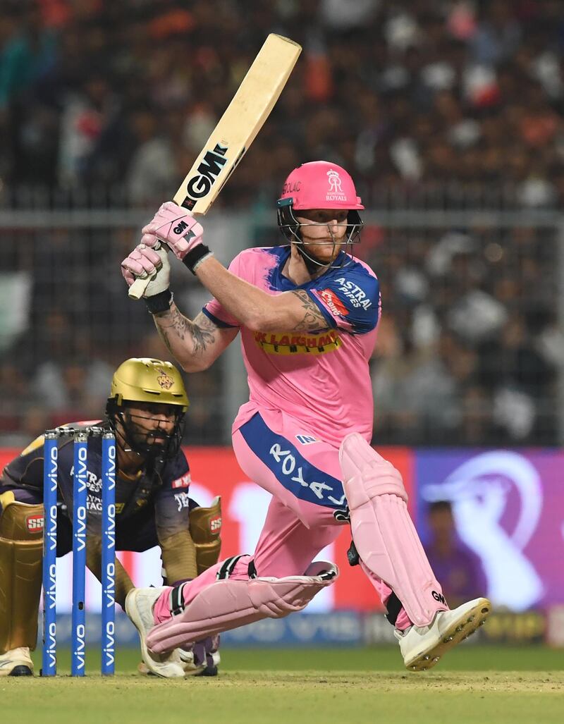 Rajasthan Royals' Ben Stokes plays a shot during the 2019 Indian Premier League (IPL) Twenty 20 cricket match between Kolkata Knight Riders and Rajasthan Royals at the Eden Gardens Cricket Stadium, in Kolkata, on April 25, 2019. (Photo by DIBYANGSHU SARKAR / AFP) / IMAGE RESTRICTED TO EDITORIAL USE - STRICTLY NO COMMERCIAL USE
