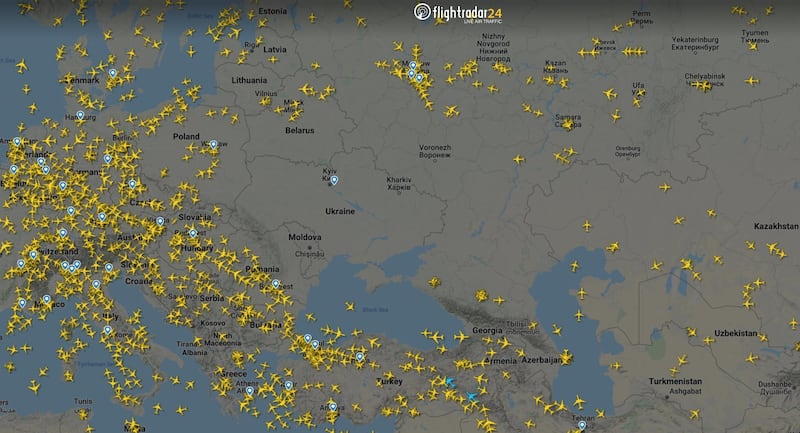A Flightradar24.com screengrab shows a dearth of civilian aircraft in Ukrainian airspace after the Russian invasion. AP