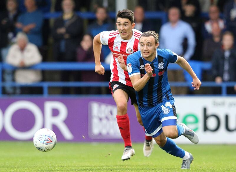 ROCHDALE, ENGLAND - AUGUST 20:  Oliver Rathbone of Rochdale during the Sky Bet Leauge One match between Rochdale and Sunderland at Crown Oil Arena on August 20, 2019 in Rochdale, England. (Photo by Ian Horrocks/Sunderland AFC via Getty Images)