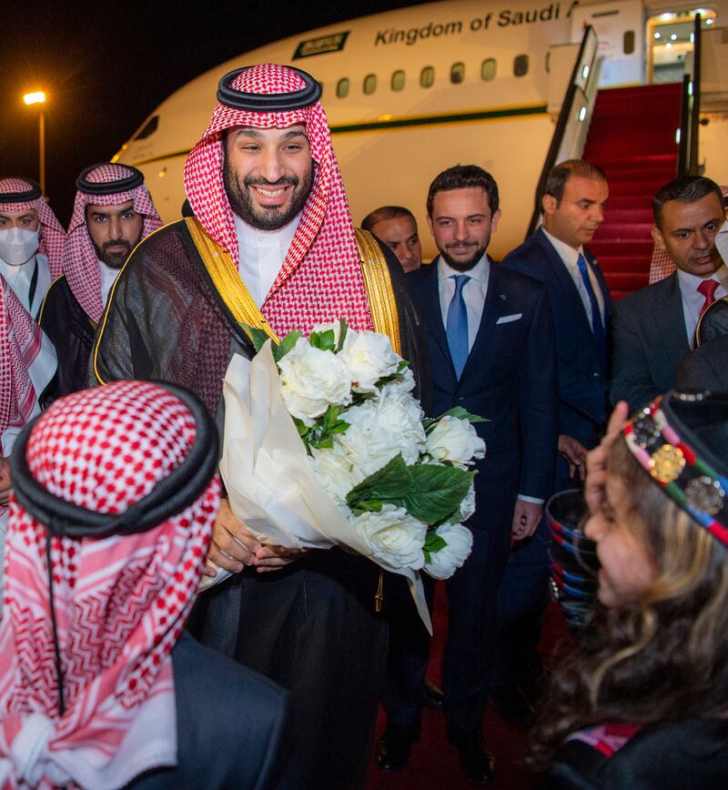Prince Mohammed is welcomed at the airport in Amman. He later held talks with King Abdullah at Husseiniya Palace in the Jordanian capital. AP