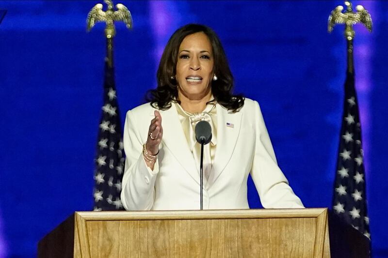 TOPSHOT - Vice President-elect Kamala Harris delivers remarks in Wilmington, Delaware, on November 7, 2020, after being declared the winners of the presidential election. / AFP / POOL / Andrew Harnik
