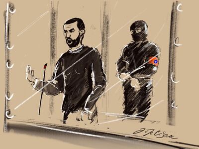 A courtroom sketch of defendant Mohamed Abrini speaking at the trial. AFP