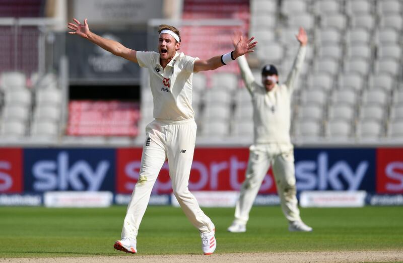 Stuart Broad of England appeals successfully for the wicket of Shane Dowrich. Getty