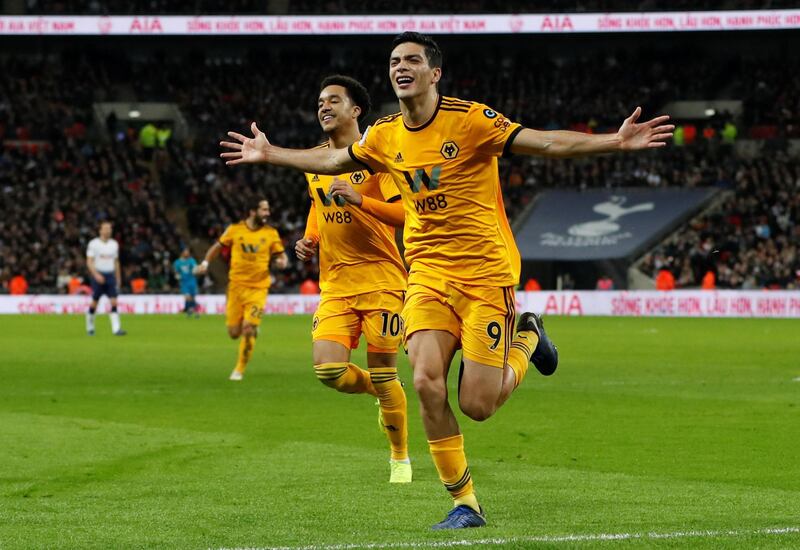 Soccer Football - Premier League - Tottenham Hotspur v Wolverhampton Wanderers - Wembley Stadium, London, Britain - December 29, 2018  Wolverhampton Wanderers' Raul Jimenez celebrates scoring their second goal    Action Images via Reuters/Paul Childs  EDITORIAL USE ONLY. No use with unauthorized audio, video, data, fixture lists, club/league logos or "live" services. Online in-match use limited to 75 images, no video emulation. No use in betting, games or single club/league/player publications.  Please contact your account representative for further details.