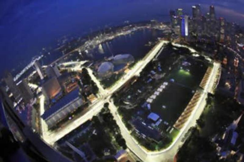 An aerial view shows part of the illuminated street circuit of the Singapore Formula One Grand Prix circuit ahead of Sunday's inaugural 61-lap night race in the city.