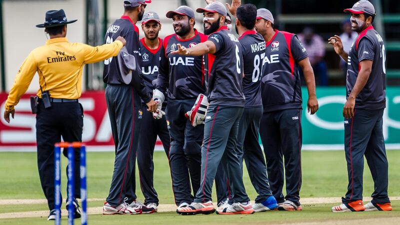 UAE players celebrate a wicket during a practice match between Windies and the United Arab Emirates ahead of the ICC Cricket World Cup Qualifier Trophy matches to be hosted in Zimbabwe March 1 2018. Courtesy ICC