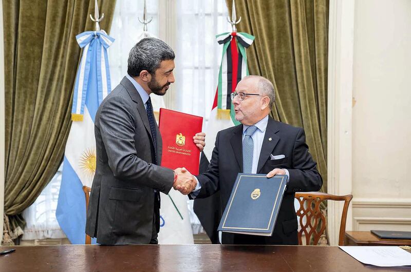 Jorge Marcelo Faurie, Minister of Foreign Affairs and Worship of Argentina, and Sheikh Abdullah bin Zayed, Minister of Foreign Affairs and International Cooperation of UAE, shake hand after signing documents. Wam