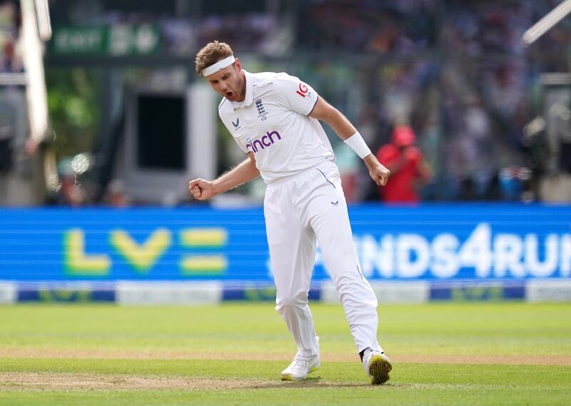 England's Stuart Broad celebrates after taking the wicket of Australia's Scott Boland on day five of the first Ashes Test match at Edgbaston on June 20, 2023. PA 