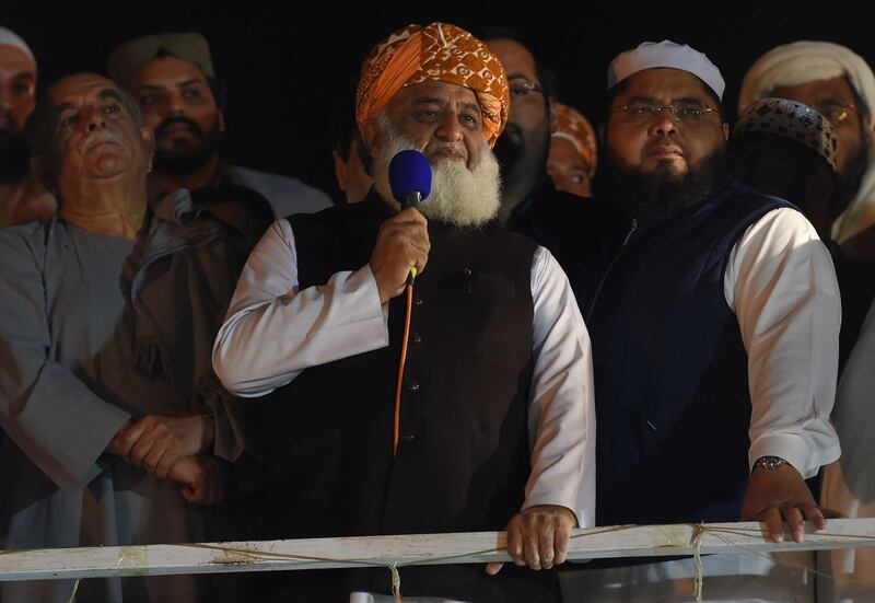JUI leader Maulana Fazlur Rehman delivers a speech on the third day of the march. AFP
