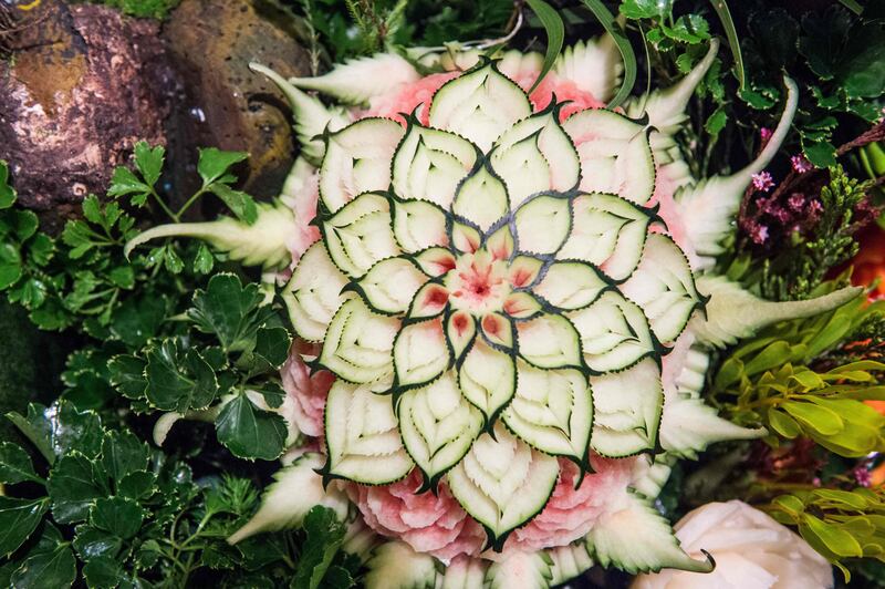 A carved watermelon is displayed during a fruit and vegetable carving competition in Bangkok. Robert Schmidt / AFP