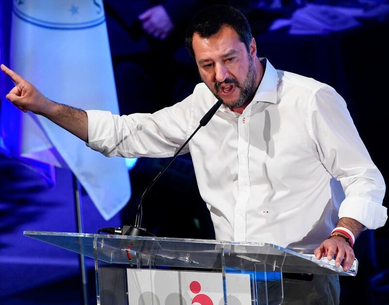 Italy’s Interior Minister and deputy PM Matteo Salvini addresses the World Congress of Families (WCF) conference on March 30, 2019 in Verona.
 / AFP / Filippo MONTEFORTE

