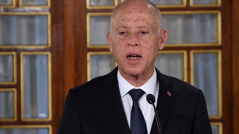 FILE PHOTO: Tunisia's President Kais Saied gives a speech at the government's swearing-in ceremony at the Carthage Palace outside the capital Tunis, Tunisia February 27, 2020.  Fethi Belaid / Pool via REUTERS / File Photo