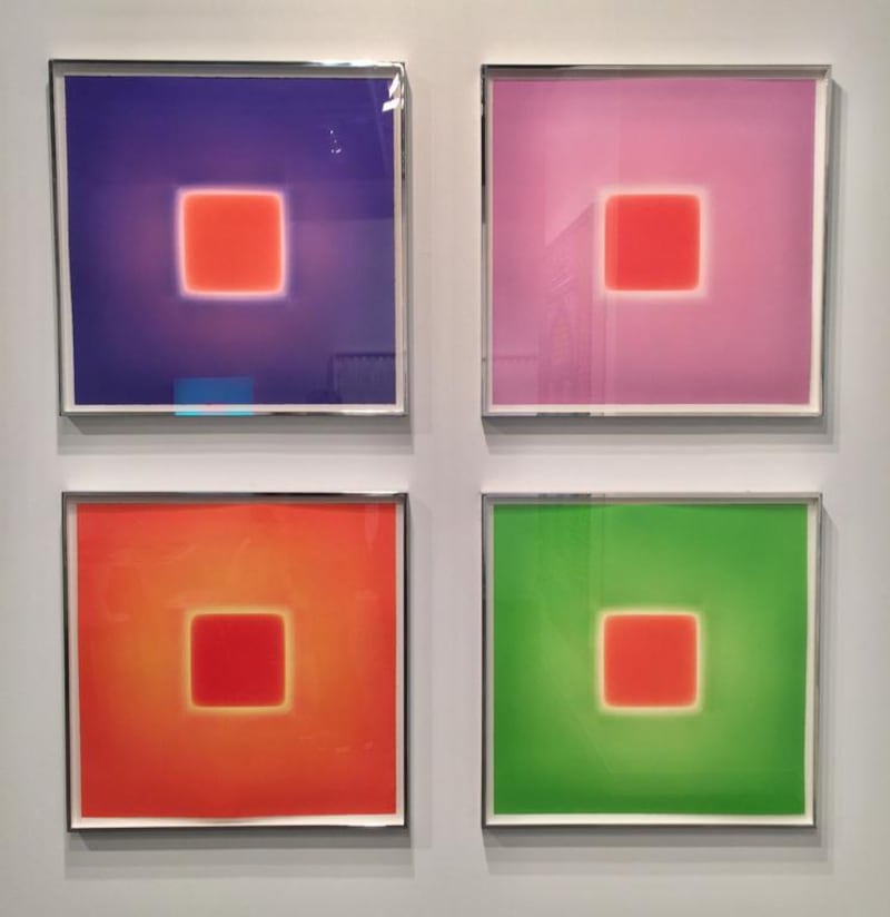 Brian Eno. Agate, Eclipsed, Grapefruit, Sunburnt 2016 (clockwise from top left). Etchings on paper. 68.3 x 68.3 cm each. Courtesy of Paul Stolper Gallery