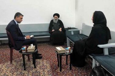 Iraq's top Shiite cleric Grand Ayatollah Ali Al Sistani, centre, meets UN envoy to Iraq Jeanine Hennis-Plasschaert, right, in Najaf, Iraq, 0n Sunday, September 13, 2020. AP