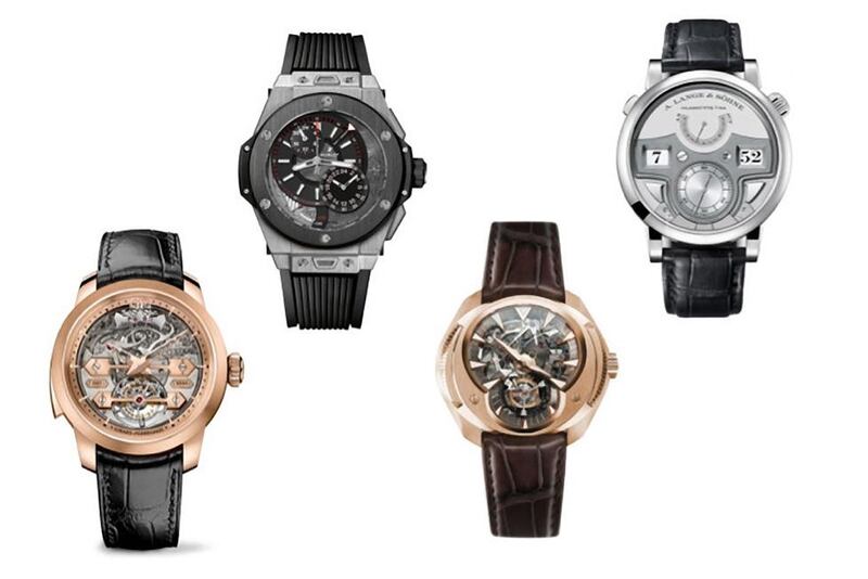 STRIKING - Chiming watches are one of the toughest things a watchmaker can try to produce. From left: Girard-Perregaux Minute Repeater Tourbillon with Gold Bridges, Hublot Big Bang Alarm Repeater, Franc Vila Inaccessible Tourbillon Minute Repeater and A Lange & Söhne Zeitwerk Minute Repeater. Courtesy GPHG