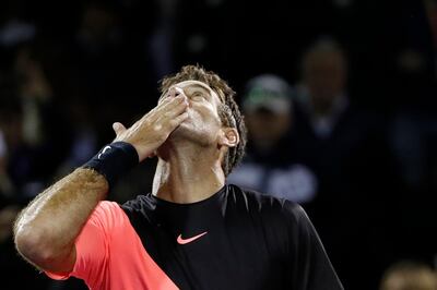 Mar 23, 2018; Key Biscayne, FL, USA; Juan Martin del Potro of Argentina celebrates after his match against Robin Haase of the Netherlands (not pictured) on day four of the Miami Open at Tennis Center at Crandon Park. Del Potro won 6-4, 5-7, 6-2. Mandatory Credit: Geoff Burke-USA TODAY Sports