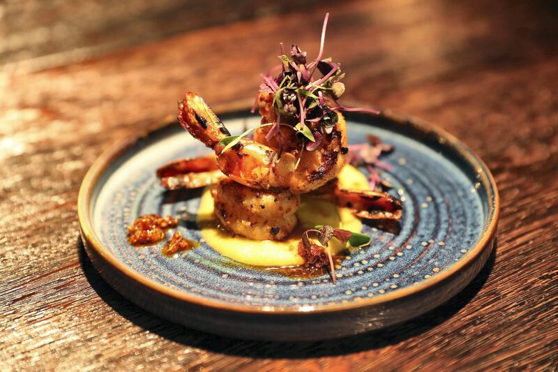 DUBAI, UNITED ARAB EMIRATES , September 27 – 2020 :-  Grilled prawns dish at the Brass Monkey, new dining and entertainment destination on the Bluewaters Island in Dubai.  (Pawan Singh / The National) For Lifestyle/Online/Instagram. Story by Janice Rodrigues 