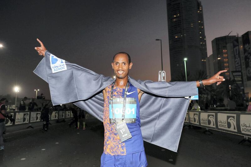 Abu Dhabi, United Arab Emirates - December 06, 2019: Winner of the 10K Teresa Nyakola Gela in the ADNOC Abu Dhabi marathon 2019. Friday, December 6th, 2019. Abu Dhabi. Chris Whiteoak / The National