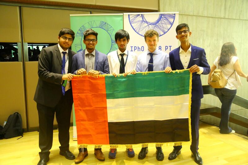 Edward Garemo, second from right, from a team of five UAE pupils that travelled to the International Physics Olympiad in Lisbon won the country's first bronze medal. Credit: International Olympiad Foundation UAE 