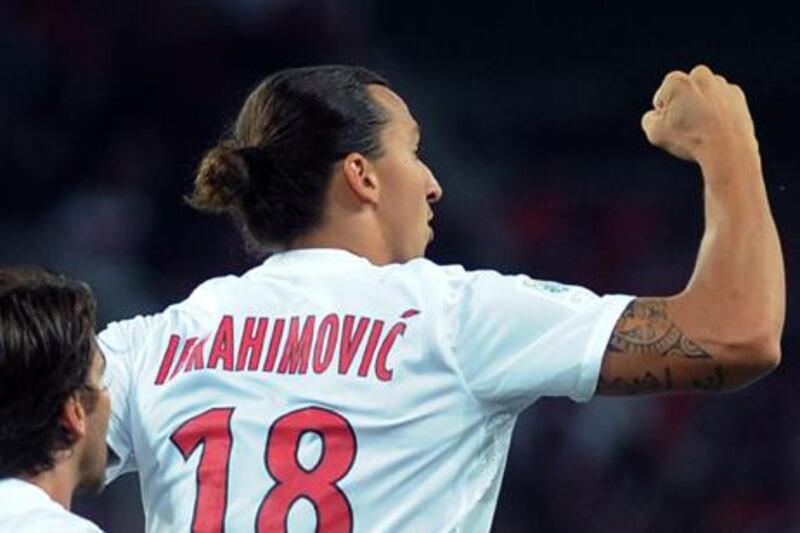 PSG striker Zlatan Ibrahimovich celebrates scoring against Lille