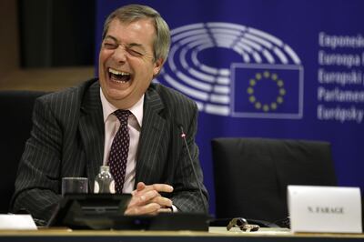 Nigel Farage, Member of European Parliament (MEP) and leader of the Brexit Party, reacts as he delivers his 'Brexodous' speech in the European Parliament in Brussels, Belgium, on Wednesday, Jan. 29, 2020. The U.K. will probably need significantly longer than eleven months to strike a future trade deal with the European Union, the bloc’s chief Brexit negotiator warned. Photographer: Olivier Matthys/Bloomberg
