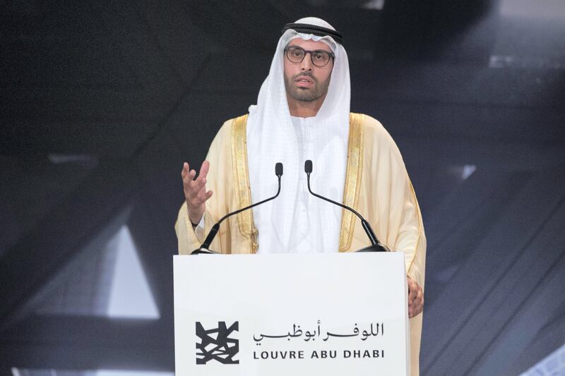 Abu Dhabi, United Arab Emirates, September 6, 2017:    Mohamed Khalifa Al Mubarak chairman of Abu Dhabi Tourism & Culture Authority, TCA, speaks during an event announcing that the Louvre Abu Dhabi will open November 11, 2017, at Manarat Al Saadiyat on Saadiyat Island in Abu Dhabi on September 6, 2017. Christopher Pike / The National

Reporter: Nick Leech
Section: Arts & Culture