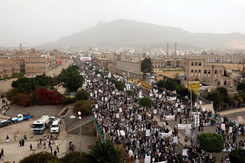 Houthi supporters protest against the US administration and the Saudi-led coalition, in Yemen's capital Sanaa. EPA