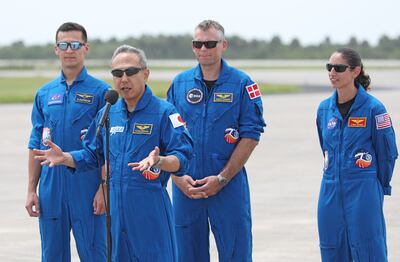 Crew-7 members, from left to right: Russian cosmonaut Konstantin Borisov, Japanese astronaut Satoshi Furukawa, Denmark's Andreas Mogensen and American Jasmin Moghbeli arrive at the Kennedy Space Centre in Florida ahead of their launch on Friday. AFP