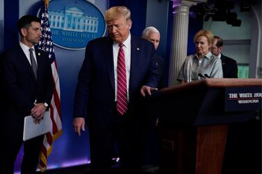 US President Donald Trump leaves after speaking at a coronavirus task force briefing at the White House in Washington. AP Photo