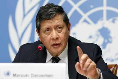 Marzuki Darusman, chairperson of the Independent International Fact-finding Mission on Myanmar, informs to the media on the publication of a final written report on Myanmar, during a press conference, at the European headquarters of the United Nations in Geneva, Switzerland, Monday, Aug. 27, 2018. (Salvatore Di Nolfi/Keystone via AP)