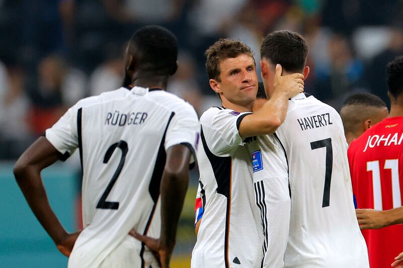 Germany's Thomas Muller with Kai Havertz as defender  Antonio Rudiger watches. AFP