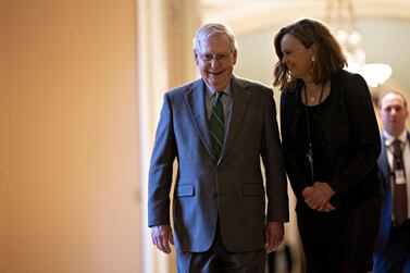 Senate Majority Leader Mitch McConnell leaves after the Senate passed a vote to limit President Trump's ability to strike Iran without authorisation from Congress, another effort backed by some Republicans to constrain his foreign policy. Bloomberg