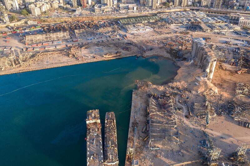 BEIRUT, LEBANON - AUGUST 05: An aerial view of ruined structures at the port, damaged by an explosion a day earlier, on August 5, 2020 in Beirut, Lebanon. As of Wednesday, more than 100 people were confirmed dead, with thousands injured, when an explosion rocked the Lebanese capital. Officials said a waterfront warehouse storing explosive materials, reportedly 2,700 tons of ammonium nitrate, was the cause of the blast. (Photo by Haytham Al Achkar/Getty Images)