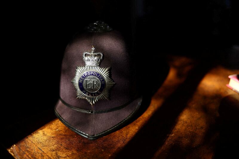 The helmet of retired Metropolitan Police officer Phillip Williams is displayed in his home in East Sussex