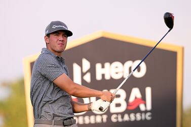 DUBAI, UNITED ARAB EMIRATES - JANUARY 28: Michael Thorbjornsen of the USA tees off on the 9th hole during the continuation of Round Two on Day Three of the Hero Dubai Desert Classic at Emirates Golf Club on January 28, 2023 in Dubai, United Arab Emirates. (Photo by Ross Kinnaird / Getty Images)