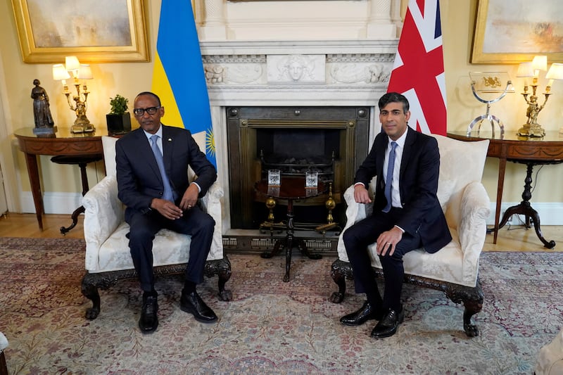 Mr Sunak with Rwandan President Paul Kagame at 10 Downing Street on April 9. Reuters