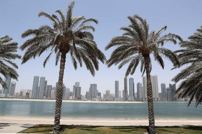 SHARJAH , UNITED ARAB EMIRATES , JUNE 23 – 2018 :- View of the residential towers near the Al Khan Corniche area in Sharjah.  ( Pawan Singh / The National )  For Stock