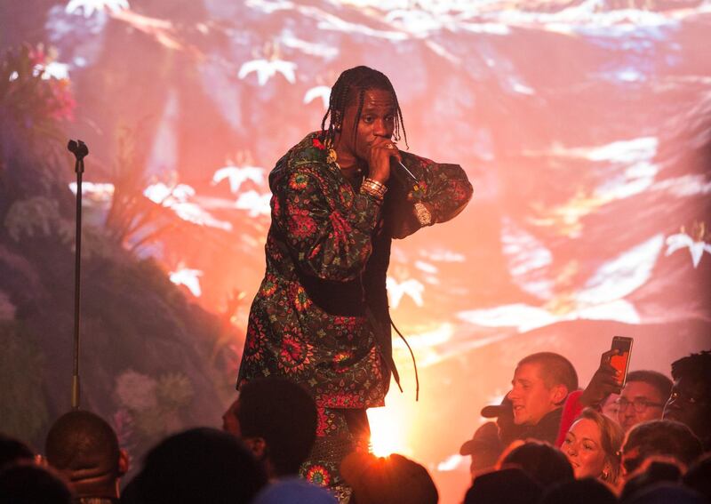LONDON, ENGLAND - AUGUST 09: (EXCLUSIVE COVERAGE)  Travis Scott performs at the NikeLab x Riccardo Tisci launch at Village Underground on August 9, 2016 in London, England.  (Photo by John Phillips/Getty Images for Nike)