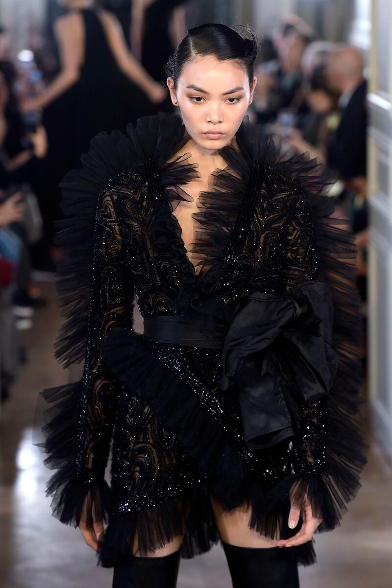 A look from Elie Saab's autumn / winter 2019 women's ready-to-wear show during Paris Fashion Week. AFP