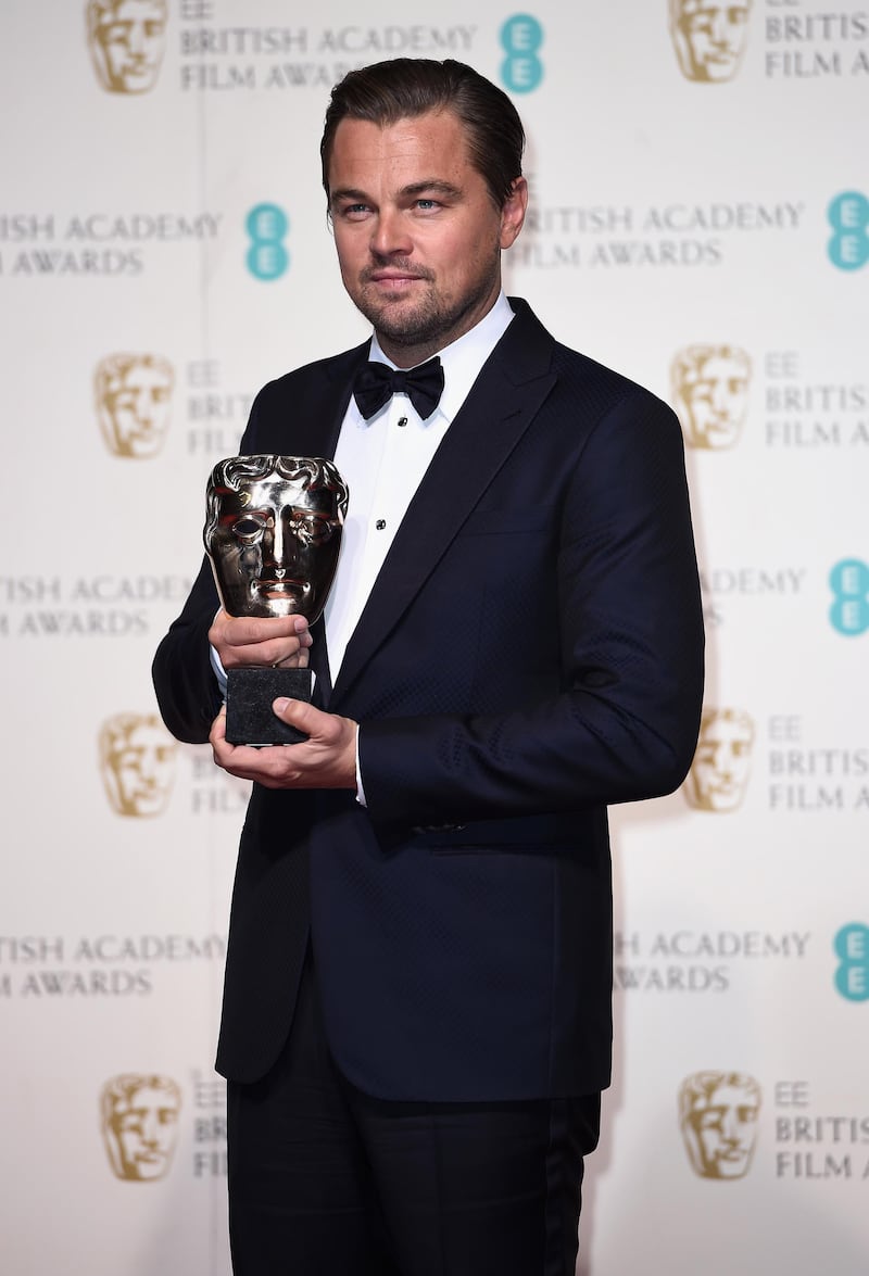 LONDON, ENGLAND - FEBRUARY 14:  Leonardo Dicaprio, winner of Best Actor for 'The Revenant' poses in the winners room at the EE British Academy Film Awards at the Royal Opera House on February 14, 2016 in London, England.  (Photo by Ian Gavan/Getty Images)