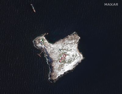 A satellite image of a Russian Ropucha-class ship anchored near Snake Island in March this year. AFP