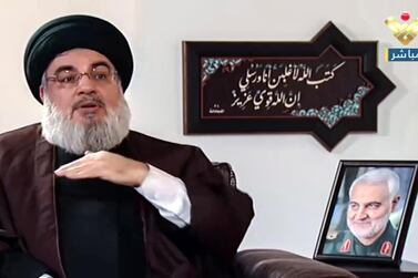 A video grab from Hezbollah’s Al Manar TV shows the group’s leader, Hassan Nasrallah, during an interview on December 27, 2020. EPA