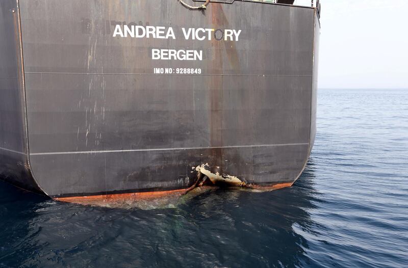 FILE PHOTO: The damaged Andrea Victory is seen off the Port of Fujairah, United Arab Emirates, May 13, 2019. REUTERS/Satish Kumar/File Photo