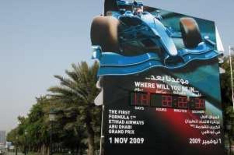 Abu Dhabi, United Arab Emirates - July 9  Formual One sign.  (Delores Johnson / The National ) *** Local Caption ***  dj_formulaOne sign_002.jpg