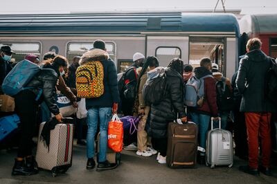 African students fleeing Ukraine board a train bound for Vienna from Budapest, Thursday March 3, 2022. Thousands of African students study in Ukraine, often studying medicine. Erin Clare Brown / The National