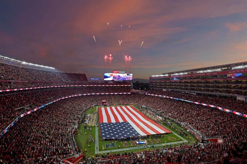 Fireworks explode during the national anthem before an NFL game between the Seattle Seahawks and San Francisco 49ers at Levi's Stadium. USA TODAY