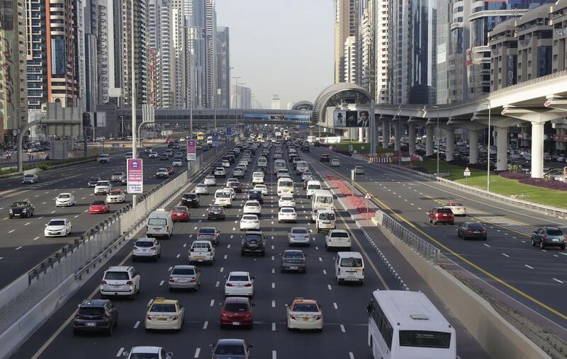 Heavy  traffic build-up on Sheikh Zayed Road in Dubai. The nation’s motorists will have to measure up to more stringent safety regulations from this weekend. Jeffrey E Biteng / The National