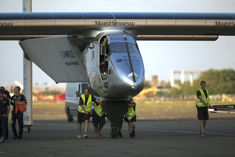 Solar Impulse has been grounded since it suffered a battery malfunction during its flight in July. Marco Garcia / AP Photo