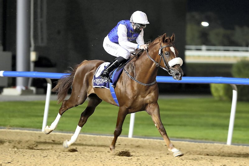 DUBAI , UNITED ARAB EMIRATES , December 17 – 2020 :- Patrick Cosgrave  (no 6 ) guides RB Frynchh Dude (US)  to win the 1st horse race 1900m Dirt at the Meydan Racecourse in Dubai. ( Pawan Singh / The National ) For Sports. Story by Amith